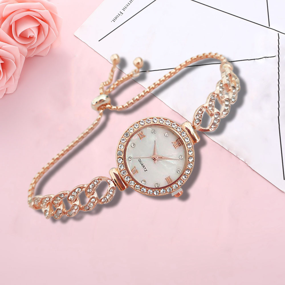 简约新款时尚表盘镶钻女士手表奢华气质罗马抽拉式小手链装饰腕表