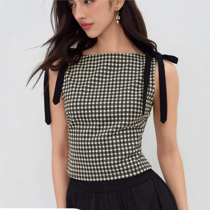 French Jacquard Boat Neck Bowknot Plaid Sleeveless Vest 2026 Summer Slim Fit Top for Women
