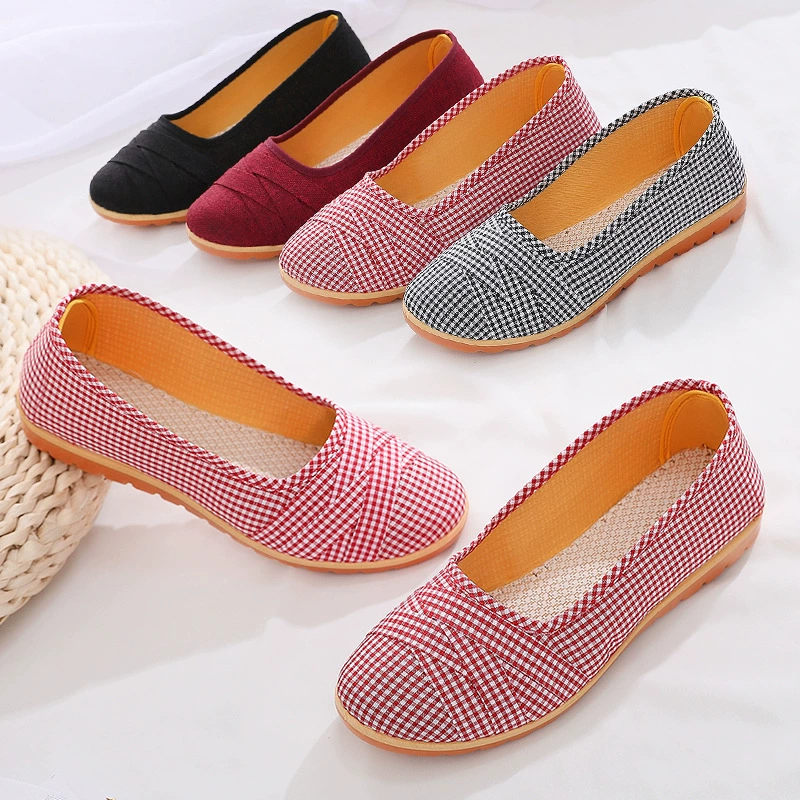Старые пекинские тканевые туфли для женщин, однотонные туфли из воловьей кожи в клетку с неглубоким носком, повседневные удобные бабушкины туфли на плоской подошве.