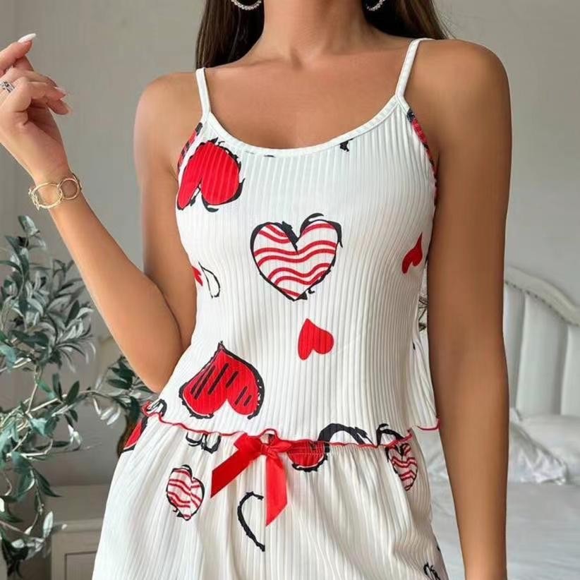 ChicShe European And American Cross-Border Trade Women's Pajamas Ribbed Heart Sexy Camisole Printed Tank Top Shorts Homewear_voghion.com