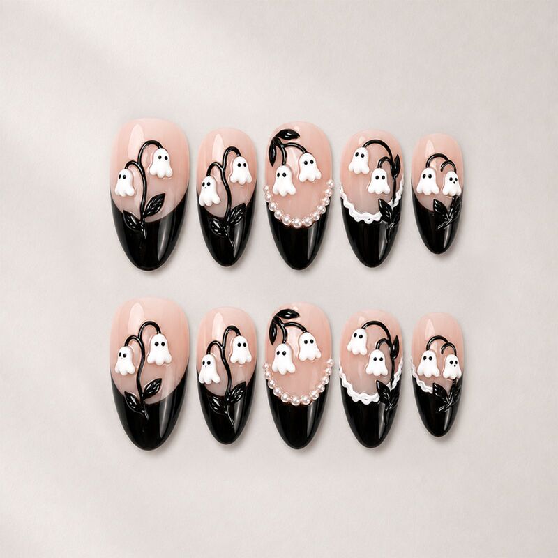 Halloween Almond-Shaped 3D Embossed Ghost Dark French Style False Nails Halloween Nail Tips Halloween Almond-Shaped 3D Embossed Ghost Dark French Style False Nails Halloween Nail Tips