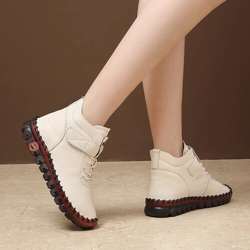 Women's cotton shoes, flat-soled autumn/winter boots with cow tendon soles—comfortable, non-slip, mom-friendly shoes, fleece-lined, versatile, casual, Velcro-fastened boots.