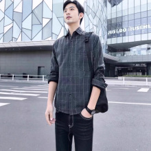 春秋季绒格子长袖衬衫男青年韩版修身潮流休闲百搭帅气衬衣外套