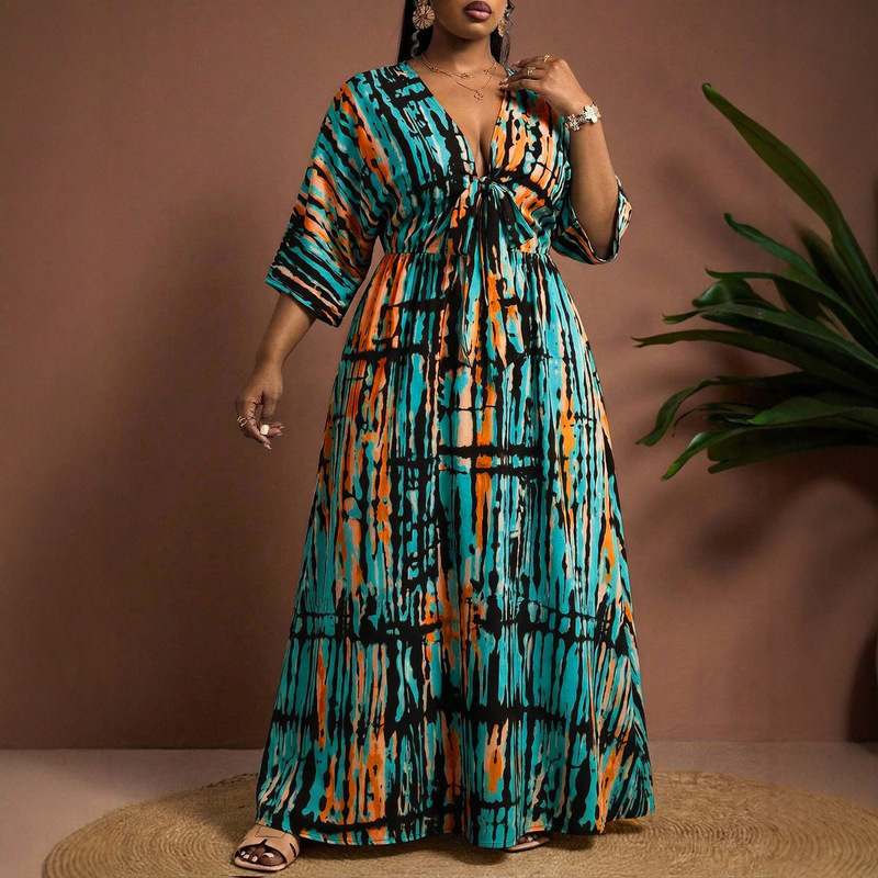 European and American Foreign Trade Cross-Border Plus-Size 2026 Summer New V-Neck Holiday Style Printed Mid-Length Dress with Three-Quarter Sleeves European and American Foreign Trade Cross-Border Plus-Size 2026 Summer New V-Neck Holiday Style Printed Mid-Length Dress with Three-Quarter Sleeves