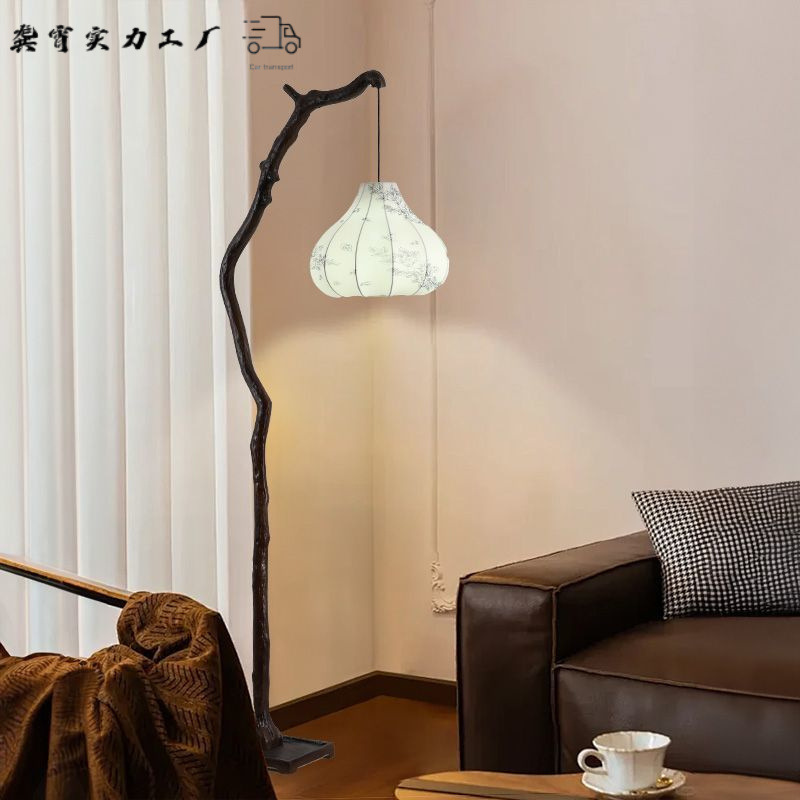 新中式落地灯禅意复古茶室客厅氛围灯诧寂风树枝布艺灯笼钓鱼地灯|undefined