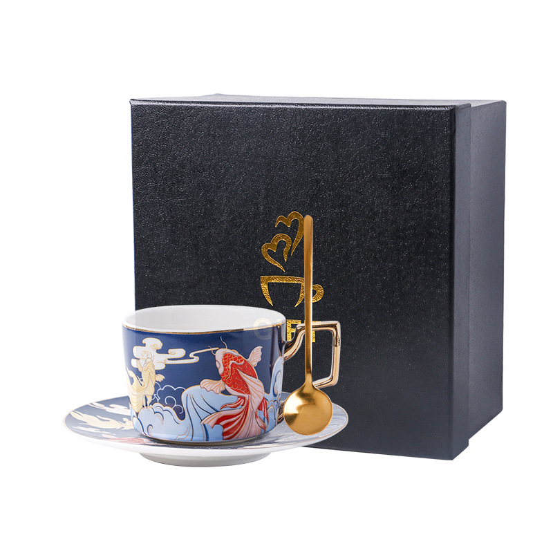 Caja de regalo-Azul-carpa taza y platillo cuchara