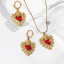 麦芽欧美不锈钢滴油红爱心项链锁骨链耳环耳扣万圣节哥特风首饰品