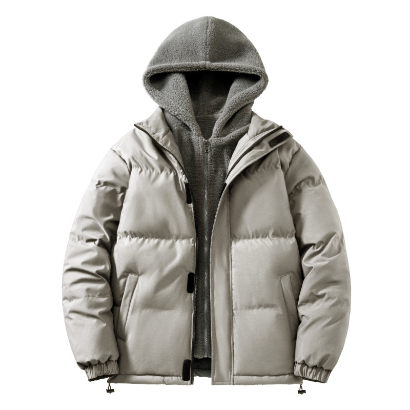 Invierno de moda de Hong Kong estilo de los hombres guapo falso de dos piezas con capucha de algodón acolchado abrigo de grasa más tamaño engrosada cálido abrigo de algodón acolchado