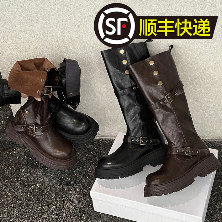 牛皮版两穿复古英伦风粗跟厚底长筒靴女冬新款长靴高筒显瘦骑士靴