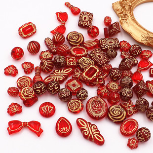 Acrylic festive red gold tracing retro beads bracelet necklace handmade diy beaded jewelry accessories wholesale loose beads