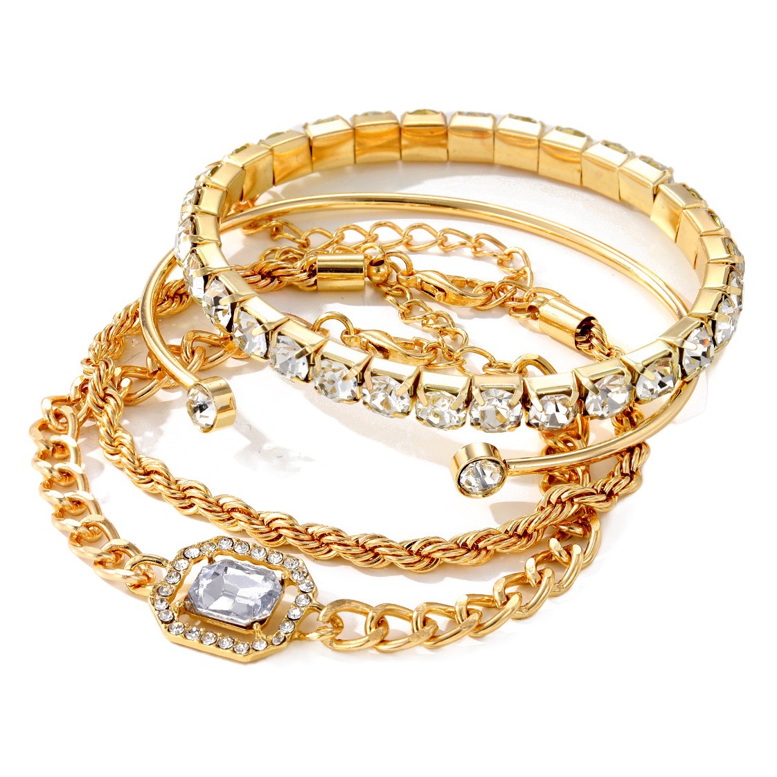 Conjunto de pulseras de cadena de metal estilo punk exagerado, joyería transfronteriza europea y americana, conjunto de pulseras retro personalizadas de 4 piezas con diamantes cuadrados