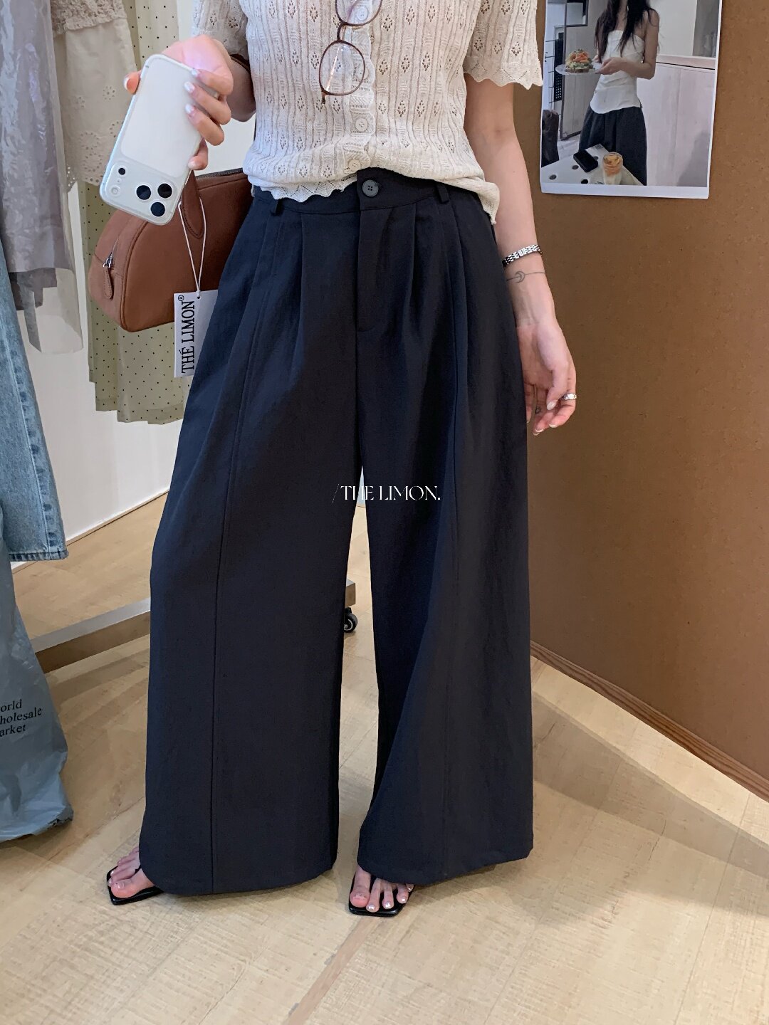 Quần culottes nữ ống rộng cạp cao dáng suông phong cách tối giản — màu đen, Xám cacbon, Xám bạc, màu trắng chi tiết 18