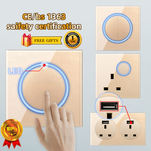 Wall Socket Neutral 3-Hole Socket Dimmer Electric Light Wall Switch Glass Panel Led Indicator G12 Gray