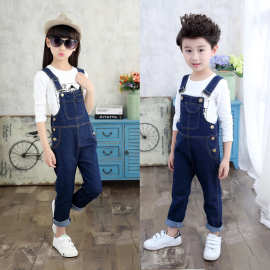 跨境男女同款背带裤2022春秋款中大童蓝色洋气牛仔背带裤外贸裤子