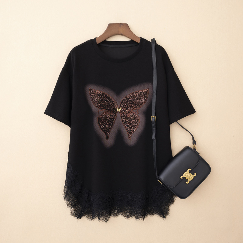 Fashion plus size Women's Wear Slimming Lace Stitching Short-sleeved T-shirt Embroidered Sequins Butterfly Mid-length Top Big Shirt Sweater