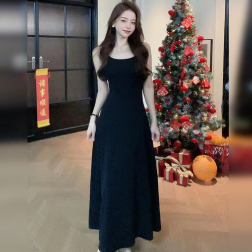 Ins sexy pure desire tea party French strap dress summer slimming vacation beach strap long dress for women trendy