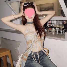 设计感开叉印花无袖泰式系带吊带背心女夏季性感辣妹露背外穿上衣