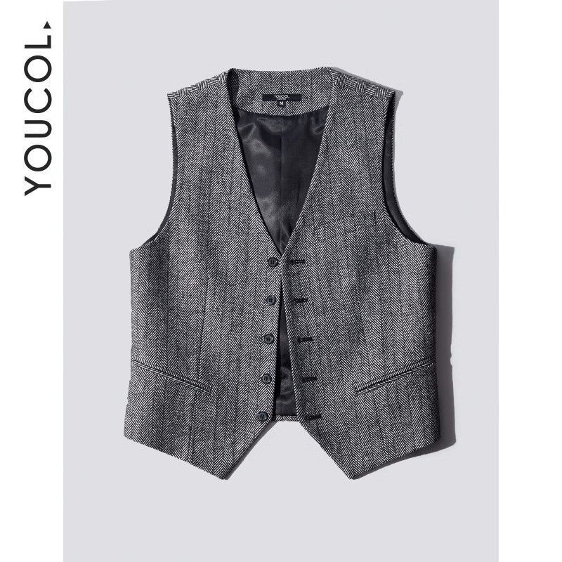 Autumn and Winter Woolen Men's Vest Herringbone Tweed Retro Slim Fit Vest Versatile Trendy Men