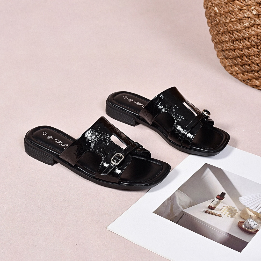 Dép sandal nữ da thật đế bệt xỏ ngón mũi hở phong cách hè — đen chi tiết 9