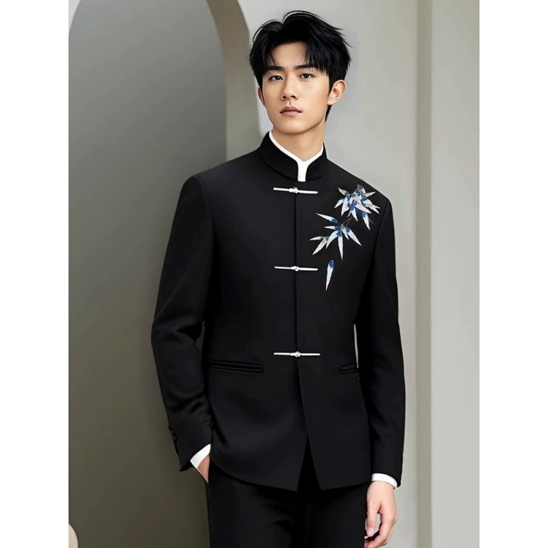 Новая мужская одежда в китайском стиле, свободный костюм из бамбука с подплечниками, мужской костюм, костюм с верхом и воротником-стойкой