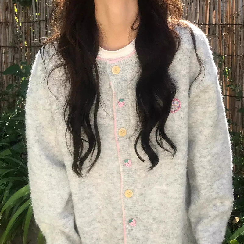 学院风针织开衫女秋冬季新款趣味纽扣慵懒风软糯毛衣外套宽松上衣|undefined