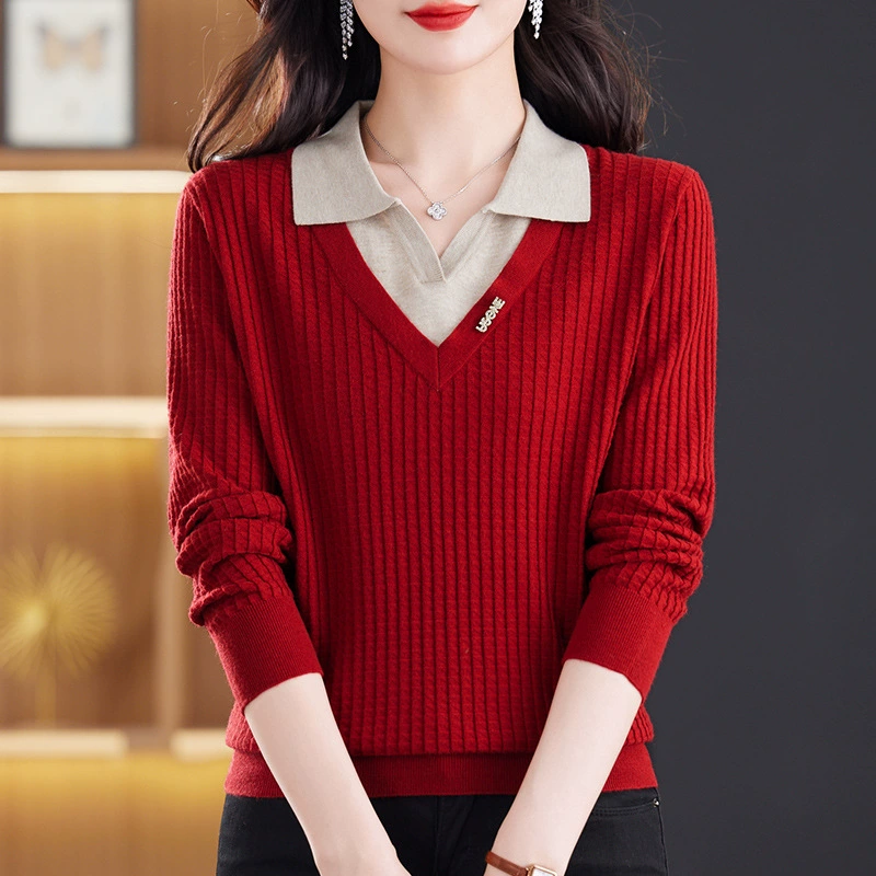 Воротник-рубашка искусственный свитер из двух частей с отстрочкой Женская Осень-зима 2024 модный Свободный Вязаный топ с лацканами нижняя рубашка