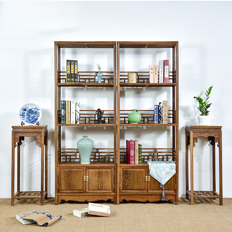 Mahogany Furniture Solid Wood Bookshelf Cabinet Storage Rack Floor-Standing Chinese Storage Rack Living Room Storage Rack Chicken Wing Wood Bookcase Rack