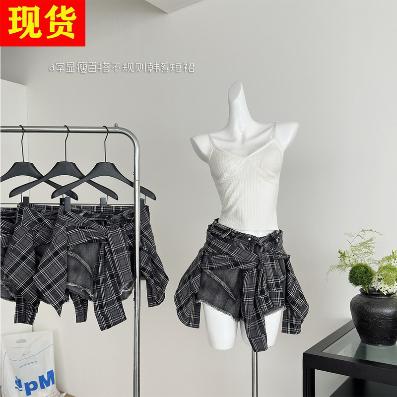 25Ss Carry-On Knotted Fake Two-Piece Plaid Patchwork Strap Layered Denim Shorts