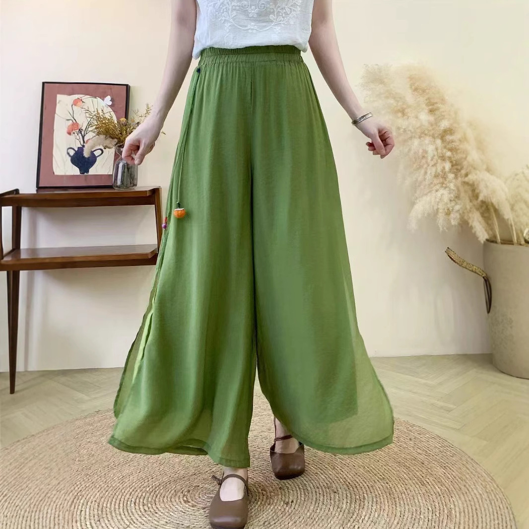 2025 New Tencel Linen Solid Color Double-Layer Pumpkin Pants Retro Artistic Drawstring Loose Elegant Women's Casual Long Pants