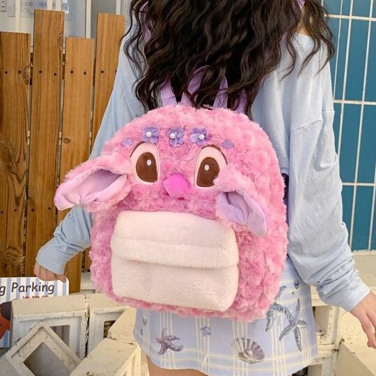 Korean-Style Pink Cherry Blossom Little Monster Backpack, Personalized Cartoon Large-Capacity Backpack, Sweet Girly Plush Bag