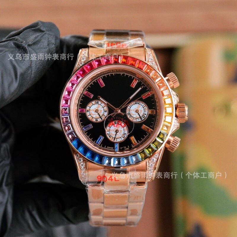 Laojia Rainbow Daytona Rose Gold Chronograph Automatic Mechanical Watch High-Quality Waterproof Trendy Classic Wristwatch