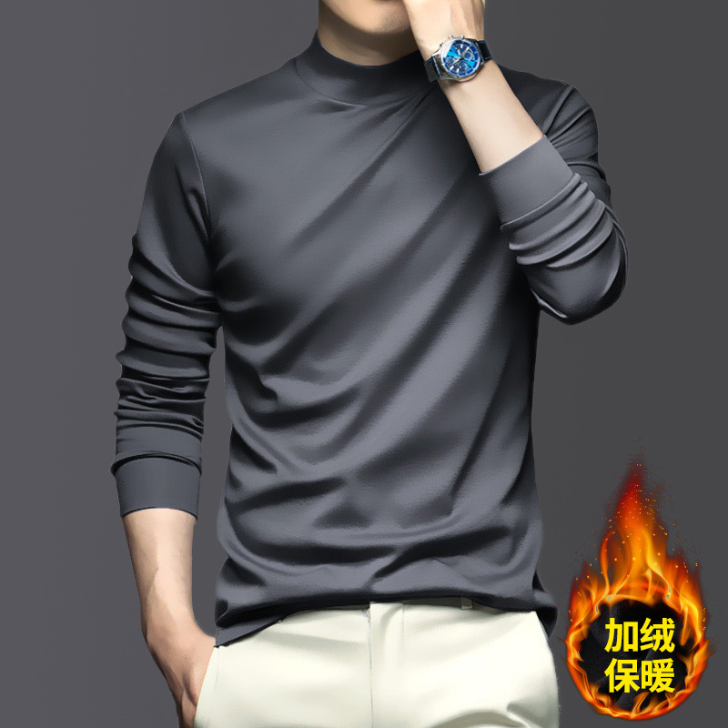 Mercerized Bobi 벨벳 남성용 세미 하이 칼라베이스 셔츠 단색 가을과 겨울 인테리어 긴 소매 티셔츠 기모 미드 칼라 탑