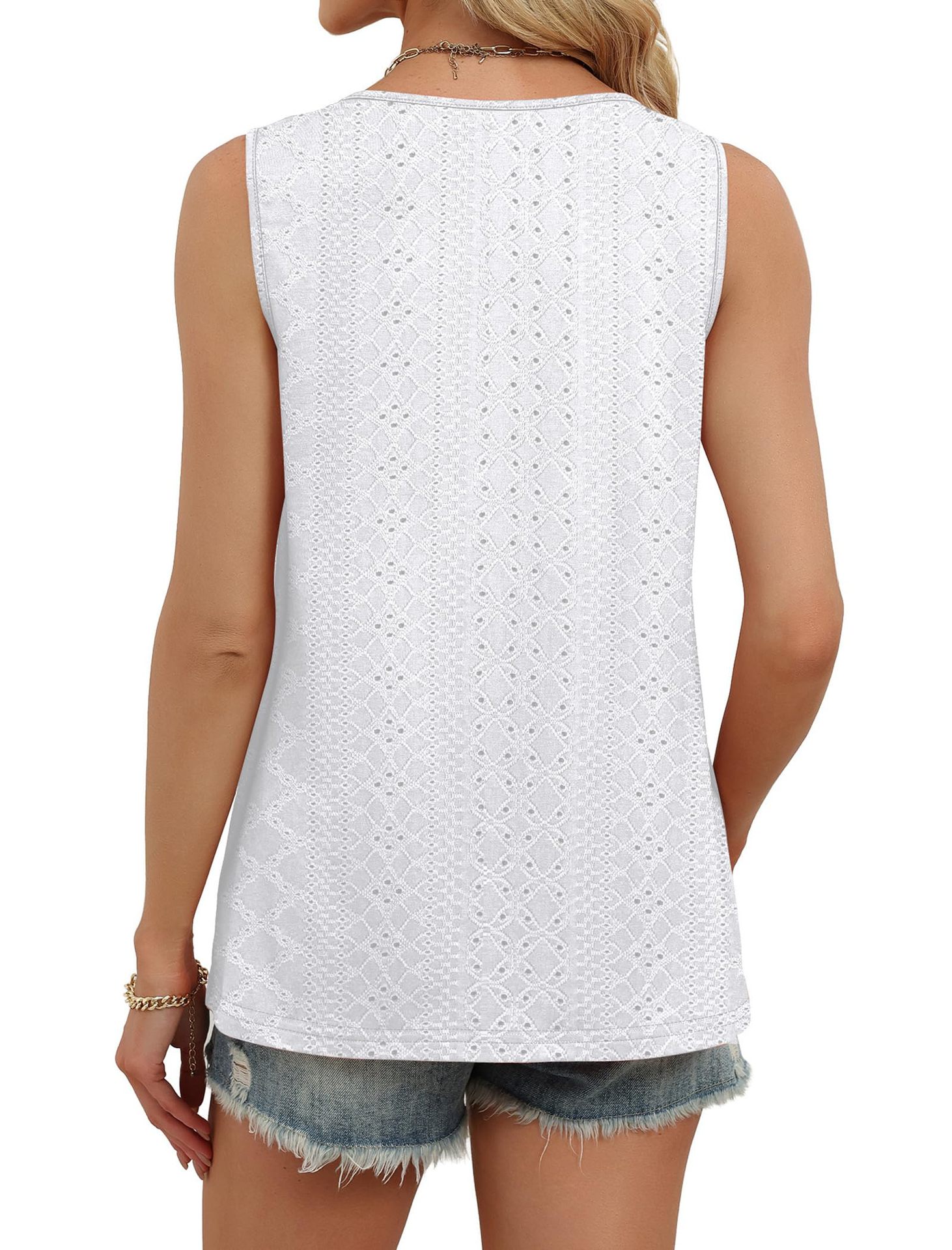 Women's Loose Casual Top V Neck Sleeveless Vest Eyelets American Summer New_ecoleips.com