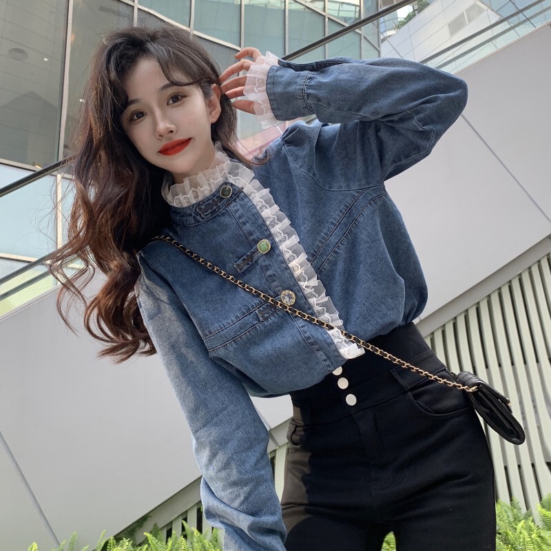 Design Sense Lace Denim Shirt Women's Autumn and Winter 2024 New plus size Short Slim Jacket Shirt Upper Clothes