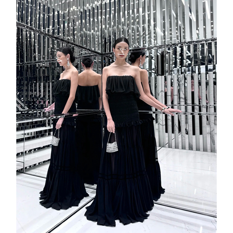 Elegant and Sexy Slim-Fitting Dress with Folded Ruffles and Pleats, Royal Sister Slimming Banquet Evening Dress Long Skirt