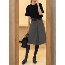 拉夏胖mm中裙半身裙高腰遮胯百褶裙可两面穿时尚感文艺风半裙灰色