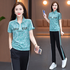 Summer sportswear set for women, stylish and trendy, V-neck short sleeve, ice silk, plus-size, thin, loose, two-piece set, high-end.