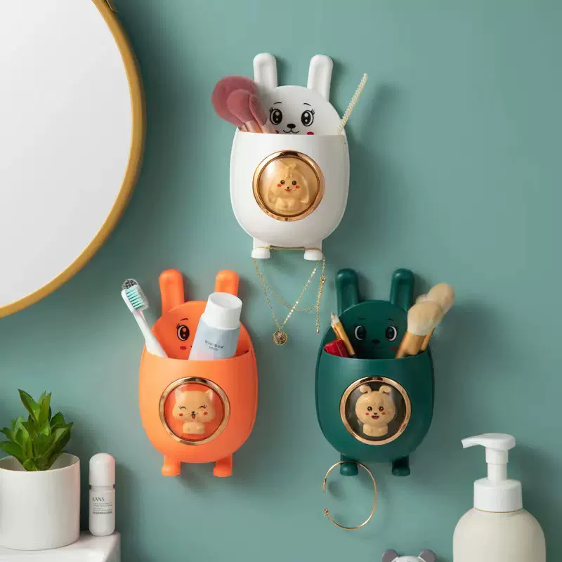 创意卡通免打孔壁挂收纳盒厨房筷子笼置物架家用卫生间浴室牙刷架