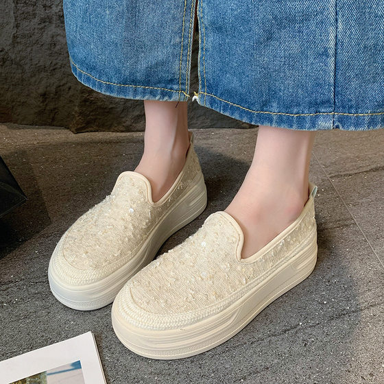 Spring 2024 New Thick-soled Increased Loafers Women's Fashionable Fish-scale Noodles Lazy Shoes All-match Casual Women's Single-layer Shoes