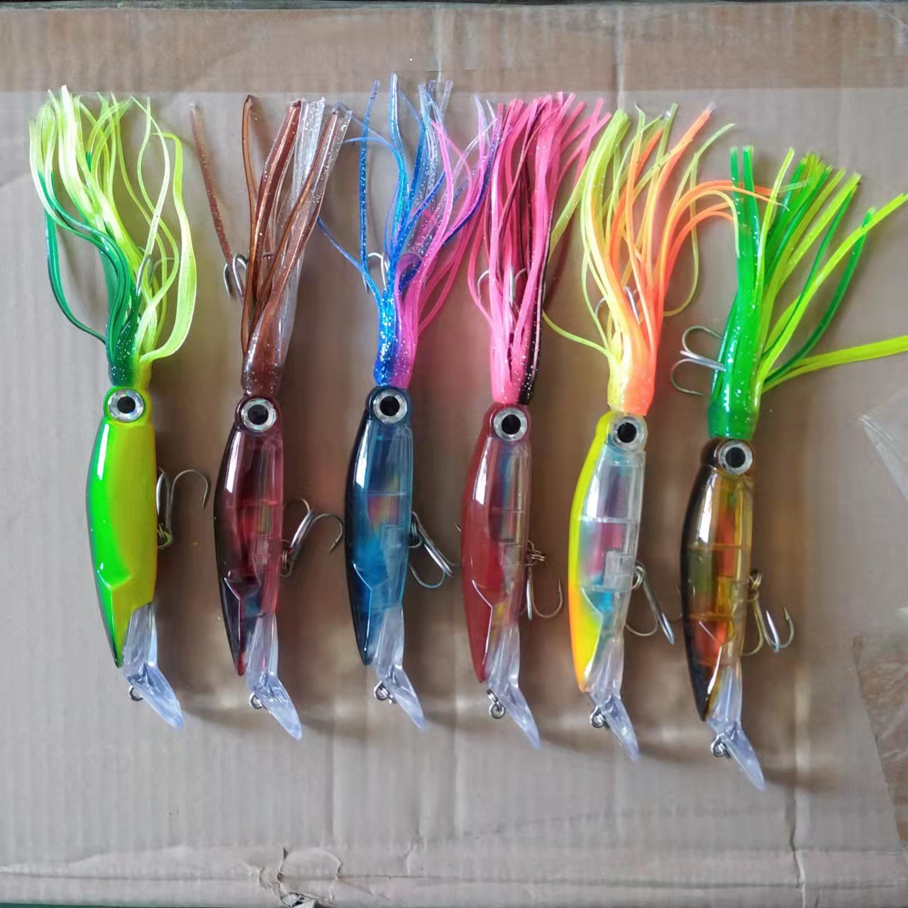 6 Pcs Large Simulation Squid Fishing Lures Baits Squid Skirts Hard Fishing Lures Lifelike Swimbait Octopus Bait Trolling Lures Saltwater with 2 Treble Minnow Hooks