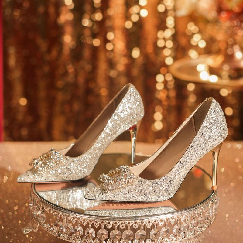 6681-23-069 shiny glitter applique buckle rhinestone high heels wedding party prom dress wedding shoes