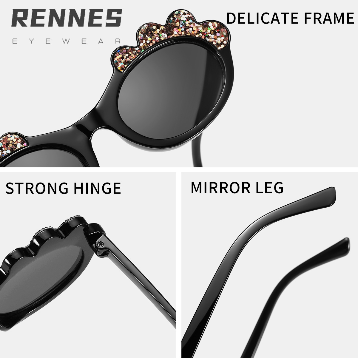 Gafas de sol anti-ultravioleta con marco ovalado de dibujos animados lindo con lentejuelas para niños