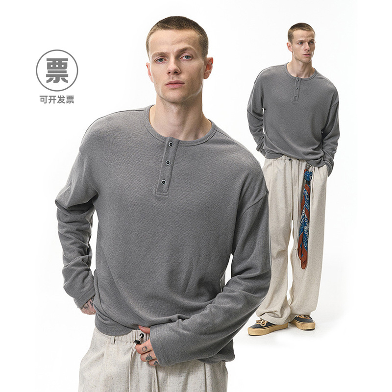 Jie Zhan Men's Clothing | Lazy Henry Long-Sleeved T-Shirt 2026 Spring and Summer New Fashion Brand Cleanfit Simple Casual Short-Sleeved T-Shirt