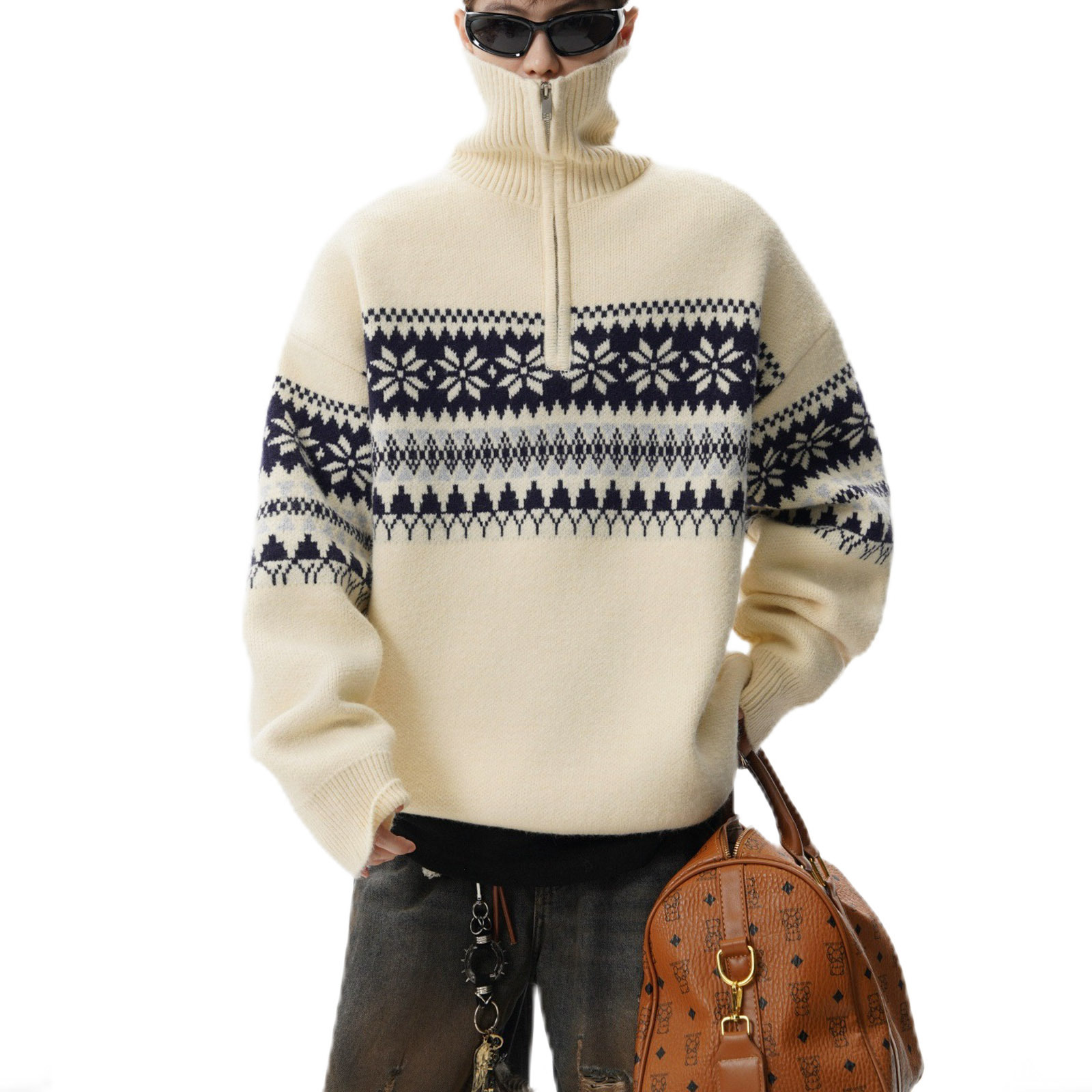 Explosiones transfronterizas de tamaño europeo tamaño grande Fair Island Jacquard suéter de punto de Navidad hombre medio cremallera fábrica de collar al por mayor