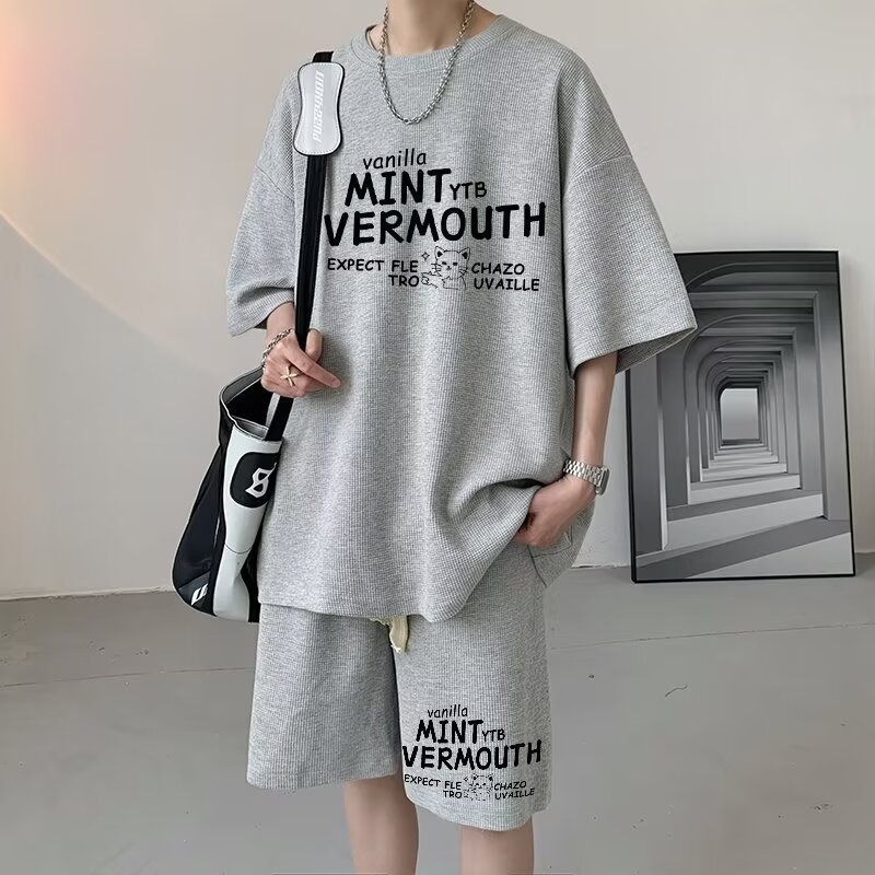 夏のワッフルスポーツスーツメンズオーバーサイズハンサムTシャツショーツツーピースセットトレンディなメンズファッションウェア|undefined