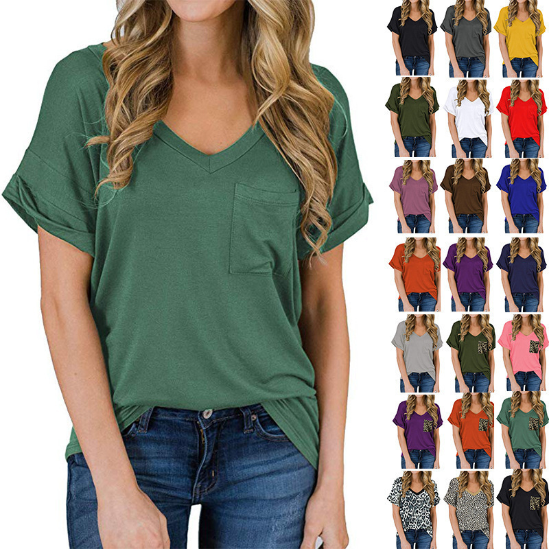 Amazon Large Size Women's 2024 Spring/Summer V-Neck Pocket T-Shirt Amazon European and American Curled Short Sleeve Loose Top Amazon Large Size Women's 2024 Spring/Summer V-Neck Pocket T-Shirt Amazon European and American Curled Short Sleeve Loose Top