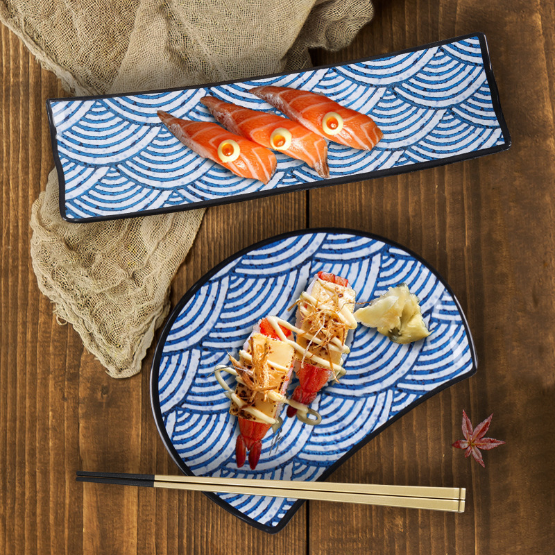Melamine Plate Imitation Porcelain Sushi Flat Plate Snack Plate Japanese Tableware Set Commercial Rectangular Barbecue Plate Deep Soup Plate