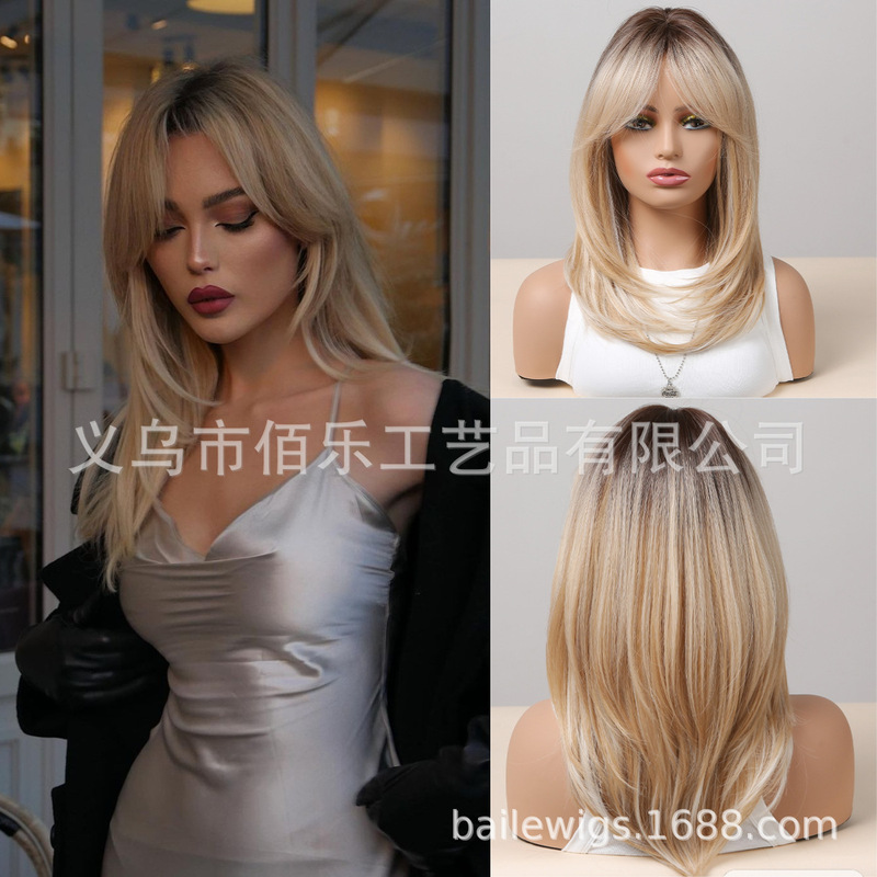 European and American Wigs Cross-Border Hot Selling White Gold Gradient Full Headgear Eight-Character Bangs Long Straight Hair Manufacturer Wholesale Wigs