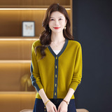 秋季新款长袖羊毛针织衫开衫时尚V领100%羊毛外套宽松休闲女士，女装针织衫/毛衣，妃慕昵服饰