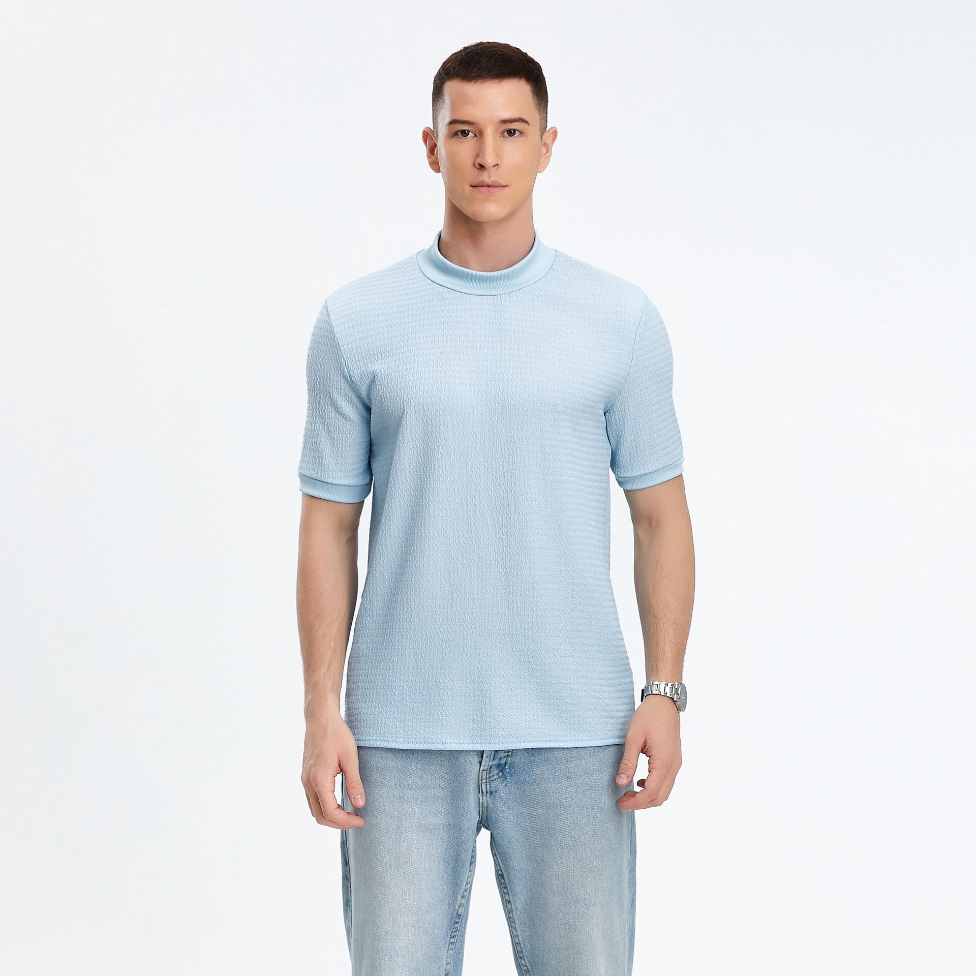 2025夏季外贸新款休闲简约肌理感针织短袖欧美男士高领水波纹纯色